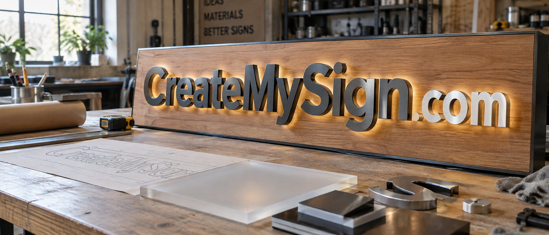 CreateMySign.com in dimensional metal letters on a warm wood workshop sign