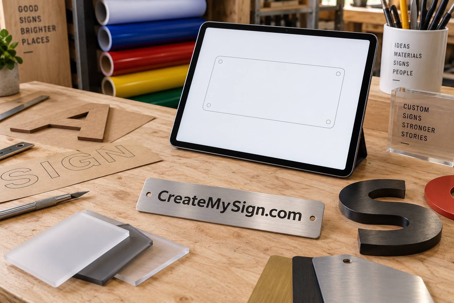CreateMySign.com metal plaque beside a tablet and sign material samples